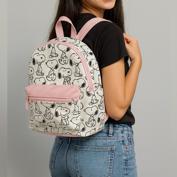 Peanuts Handbags - Snoopy Print Backpack with Pink Accents